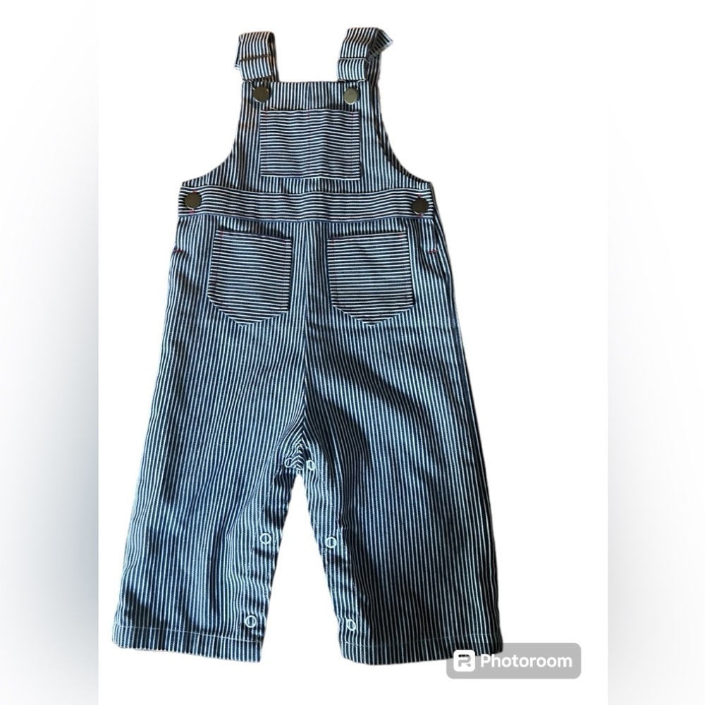 Vtg  70s Health-Tex Toddler Striped Overalls 18 mos Blue / White Conductor USA